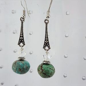 TURQUOISE & CRYSTALS HANDMADE DANGLING EARRINGS SILVER TONE METAL